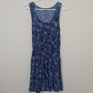 Navy Blue Floral Print Summer Dress.  Synched waist XS